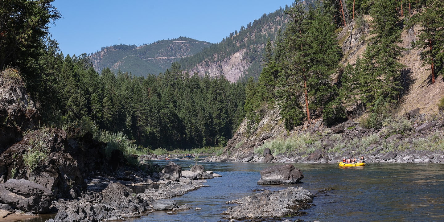 aerial shot of clark fork river family rafting